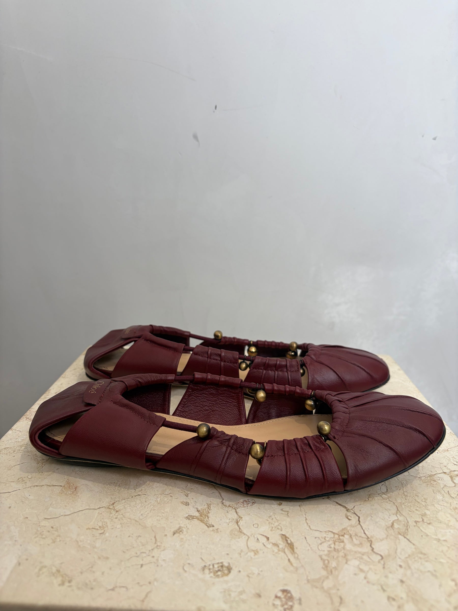 Chloe Burgundy Leather Beaded Cut Out Ballet Flats, 37