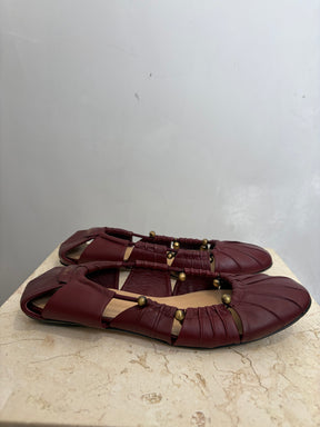 Chloe Burgundy Leather Beaded Cut Out Ballet Flats, 37