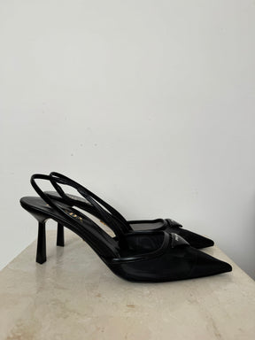 Prada Black Leather Mesh Pointed Logo Pumps, 38.5