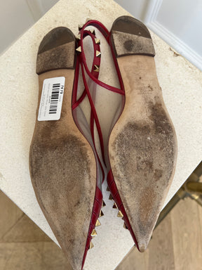Valentino Garavani Red Leather and Mesh Rockstud Pointed Flats, 41