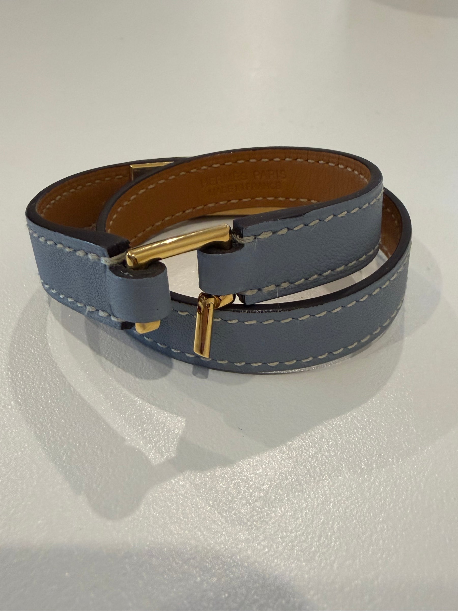 Hermès Blue Leather Rivale Wrap Bracelet, XS