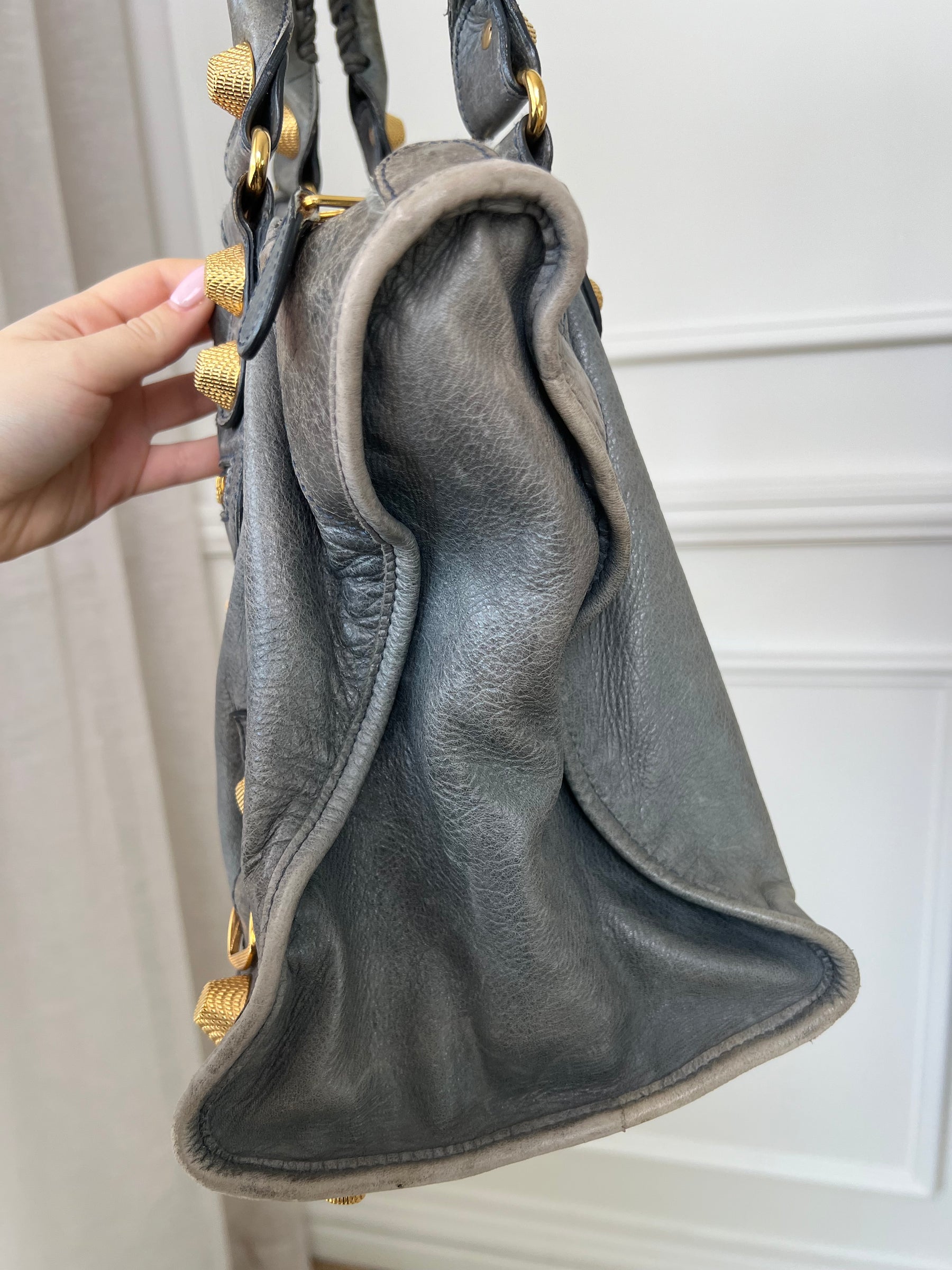 Balenciaga Grey Distressed City Bag Gold Tone Hardware