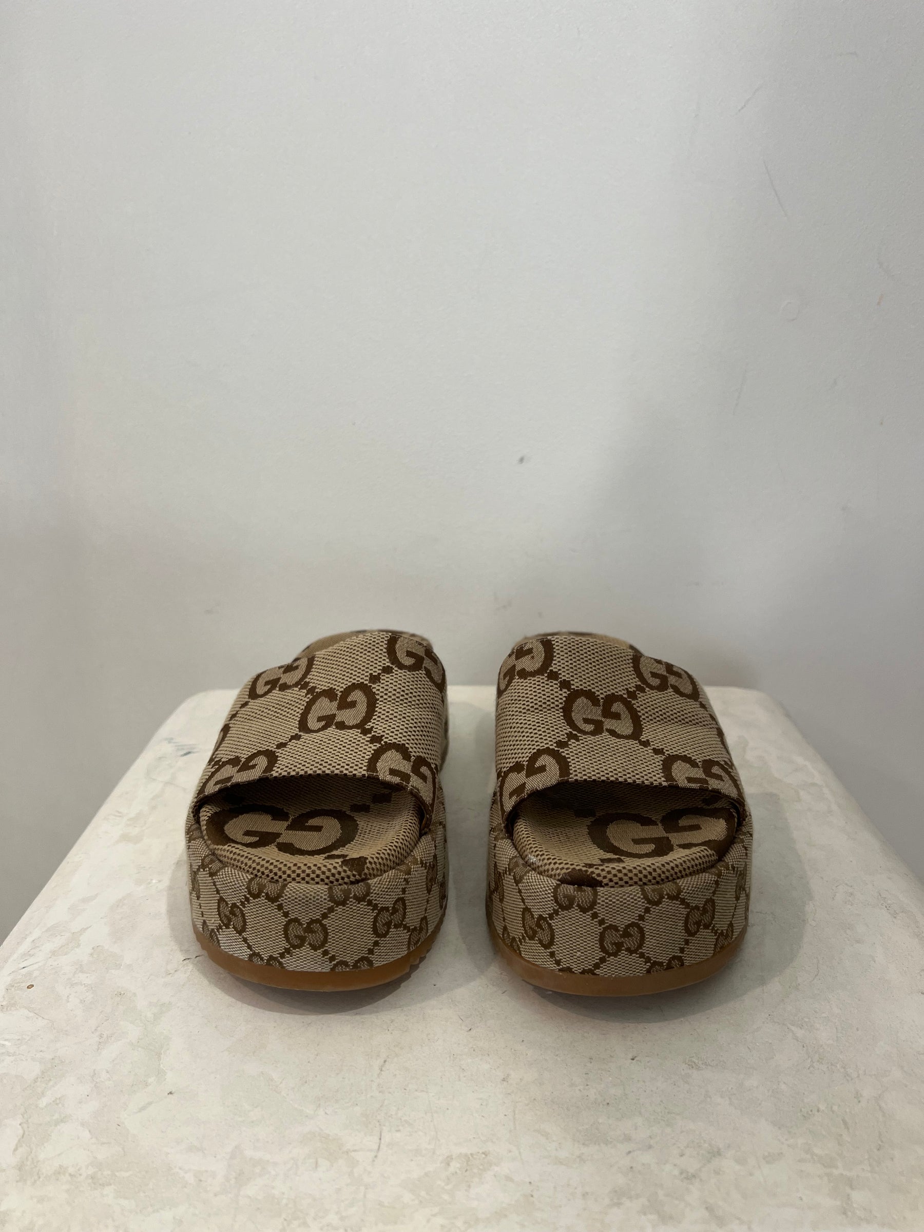 Gucci Canvas Monogram Platform Slides, 37.5