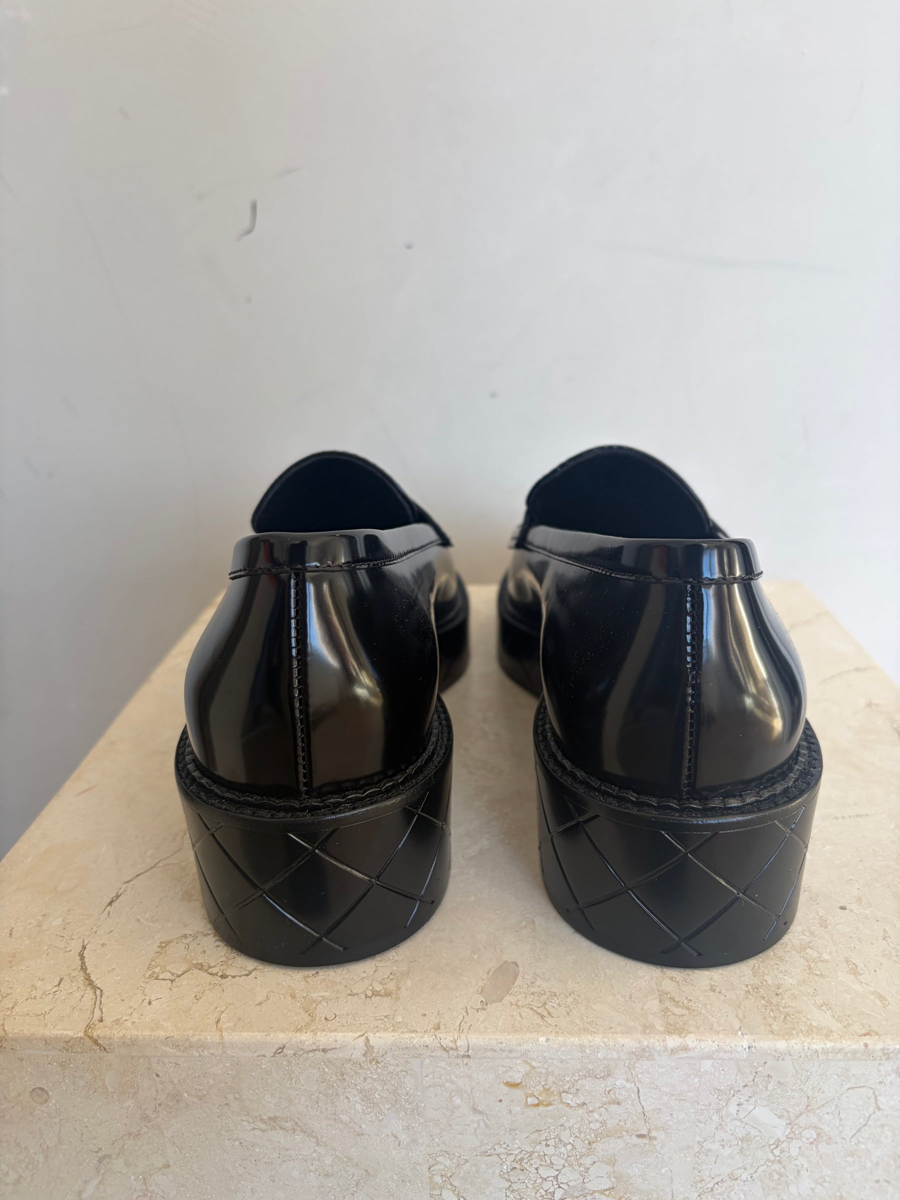 Chanel Black Brushed Leather Heart Logo Loafer, 38.5