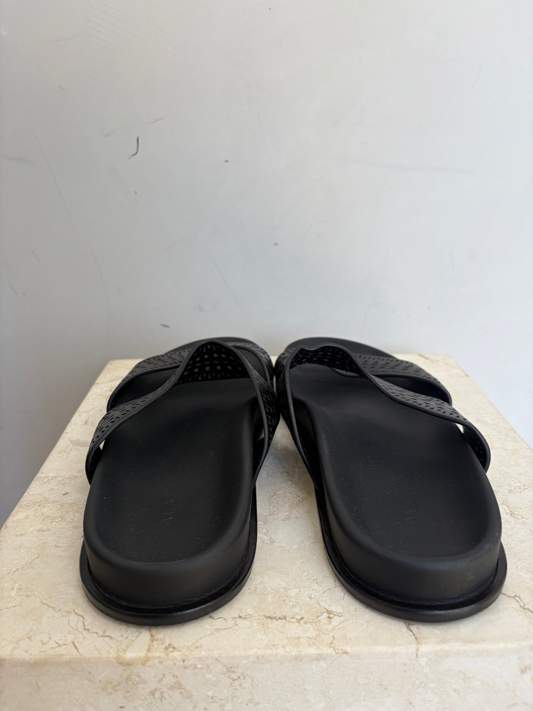 Alaia Black Laser Cut Slides, 40