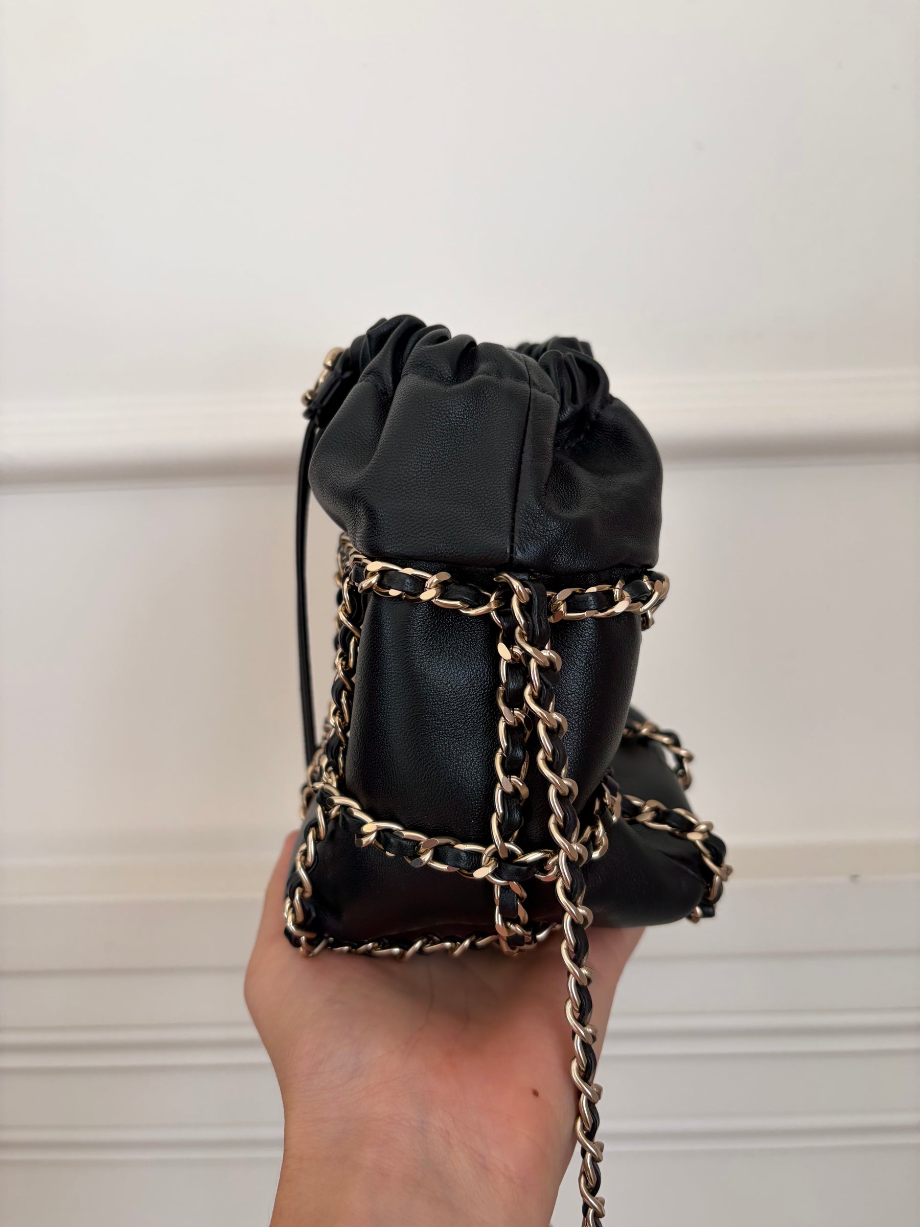 Chanel Chain Drawstring Bucket Bag Black Gold Tone Hardware