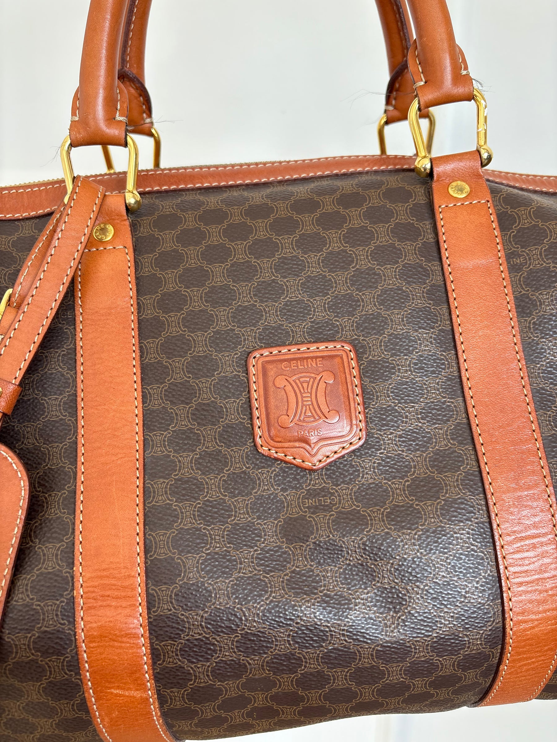 Celine Triomphe Canvas and Tan Leather Trim Duffle Bag