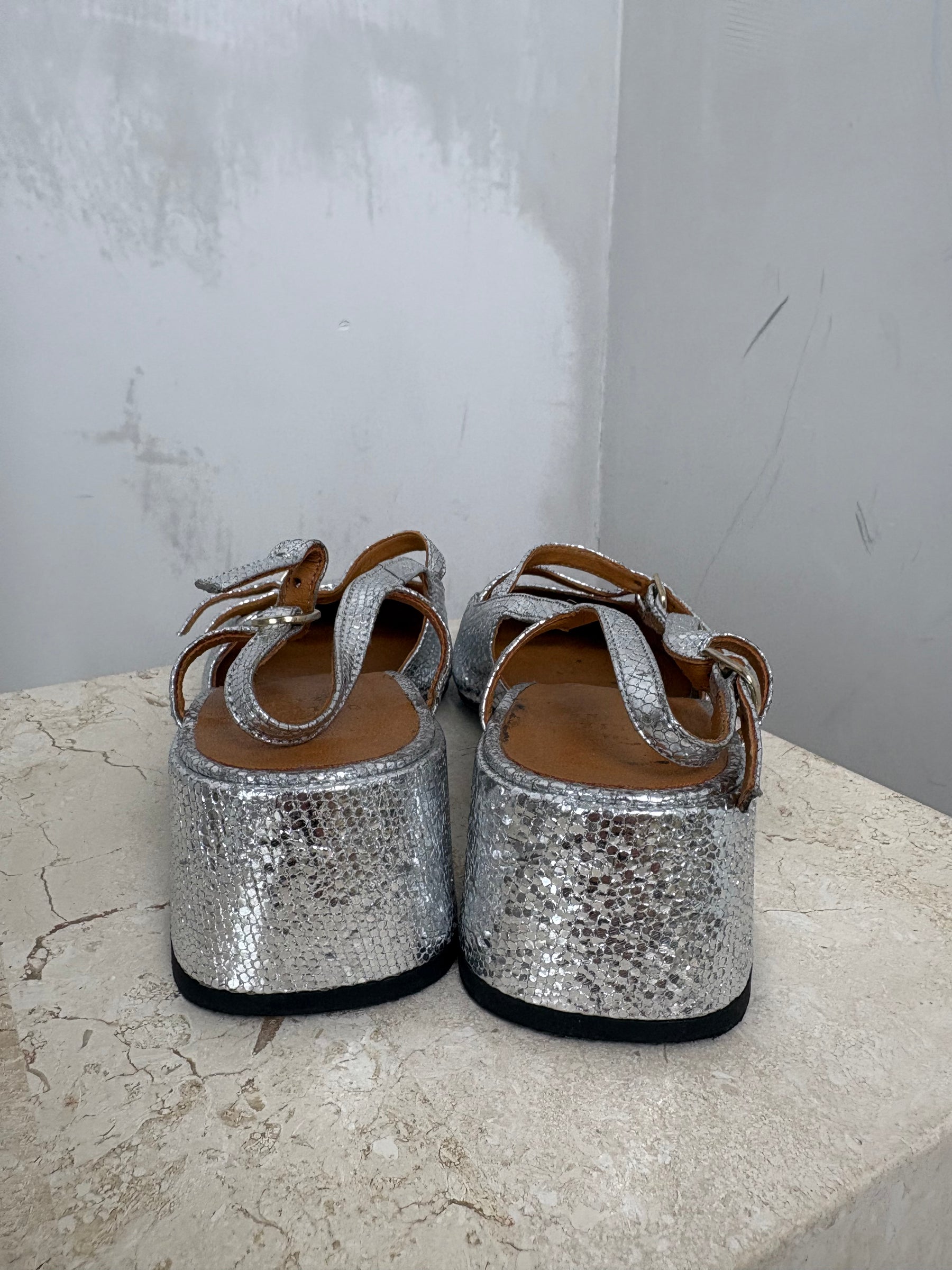 Sézane Silver Crackled Leather Heeled Mary Janes, 38