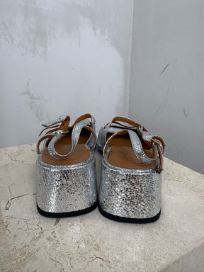 Sézane Silver Crackled Leather Heeled Mary Janes, 38