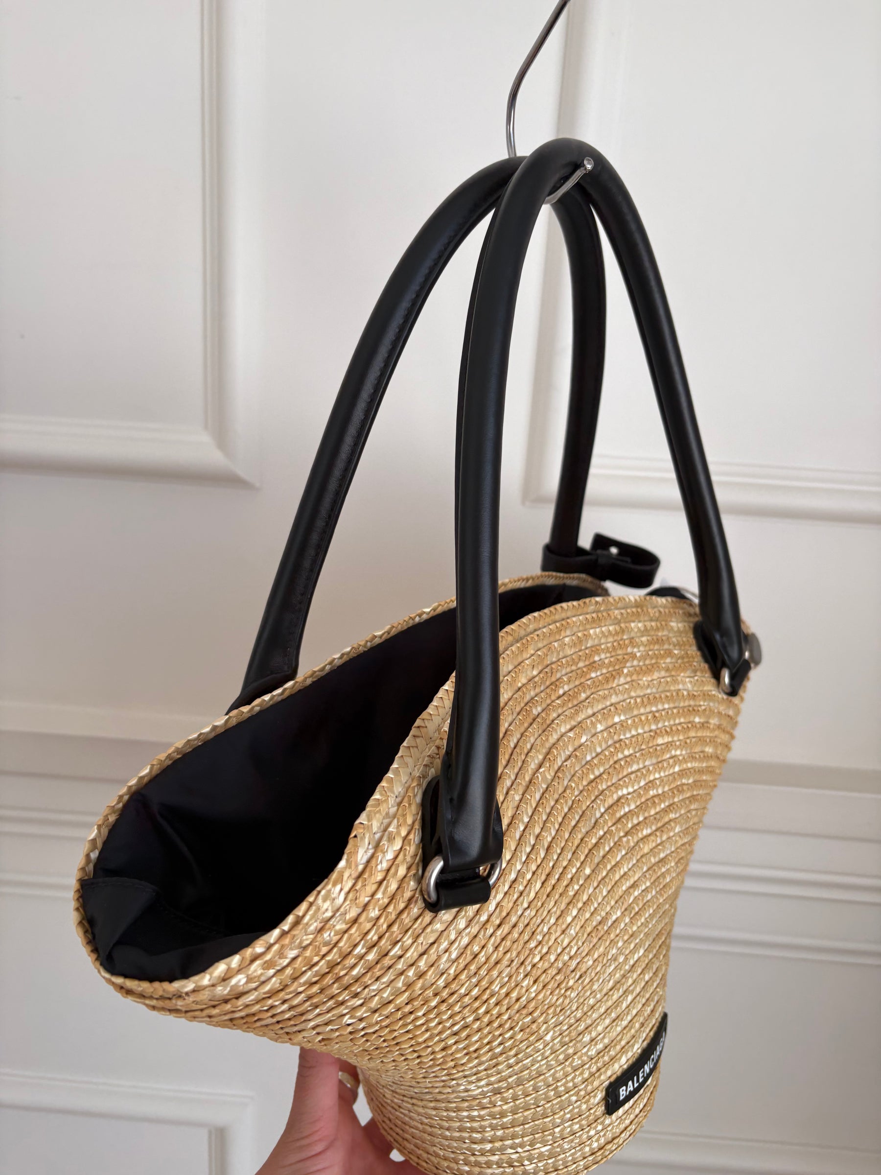 Balenciaga Raffia and Black Leather Mini Beach Tote