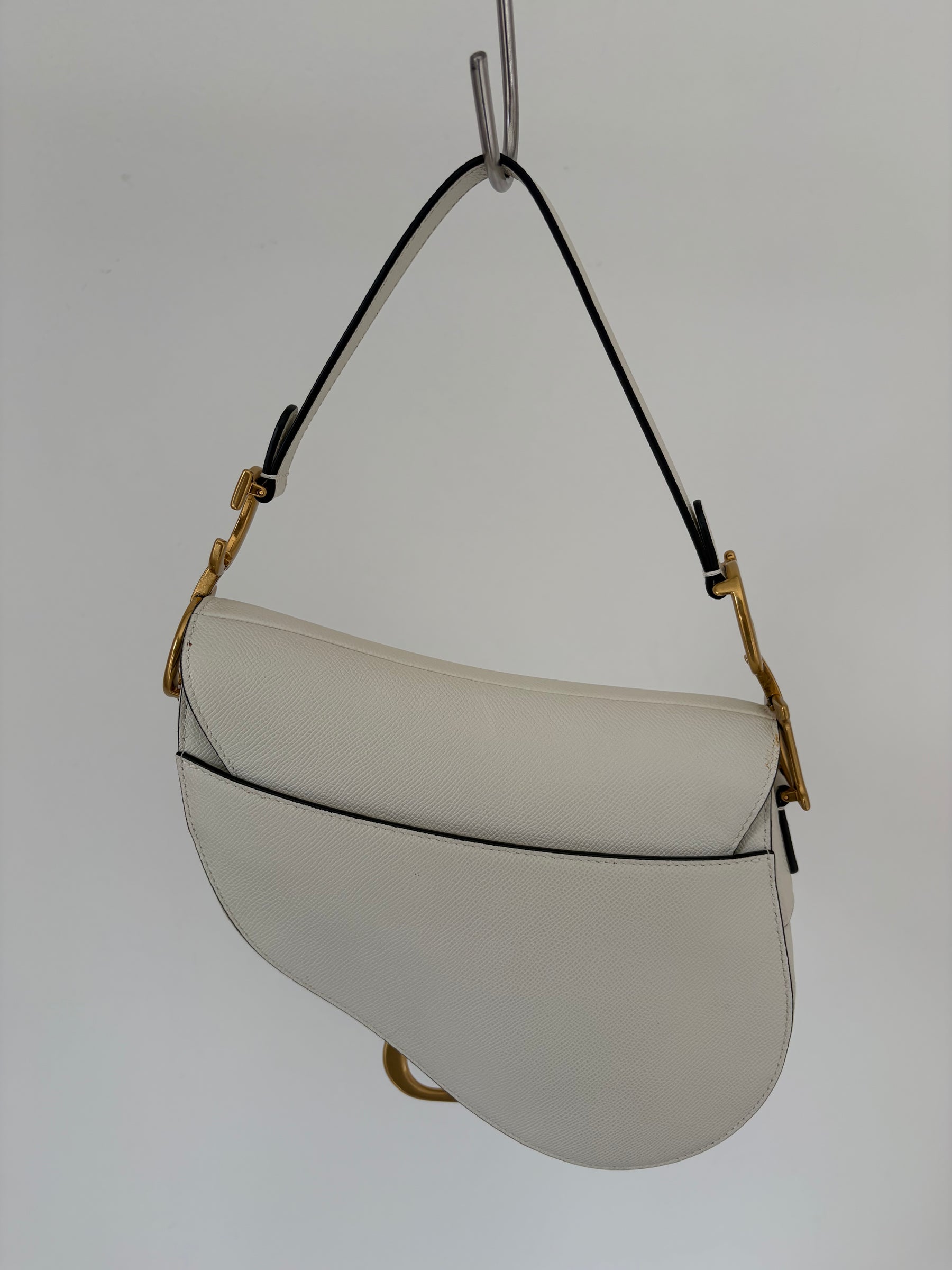 Dior White Grained Leather Saddle Bag with Strap