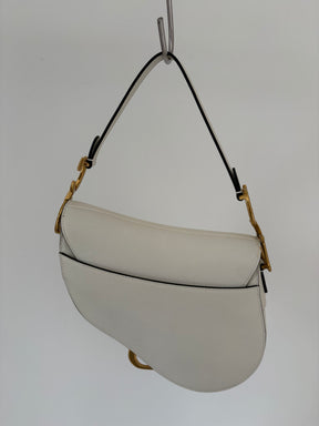Dior White Grained Leather Saddle Bag with Strap