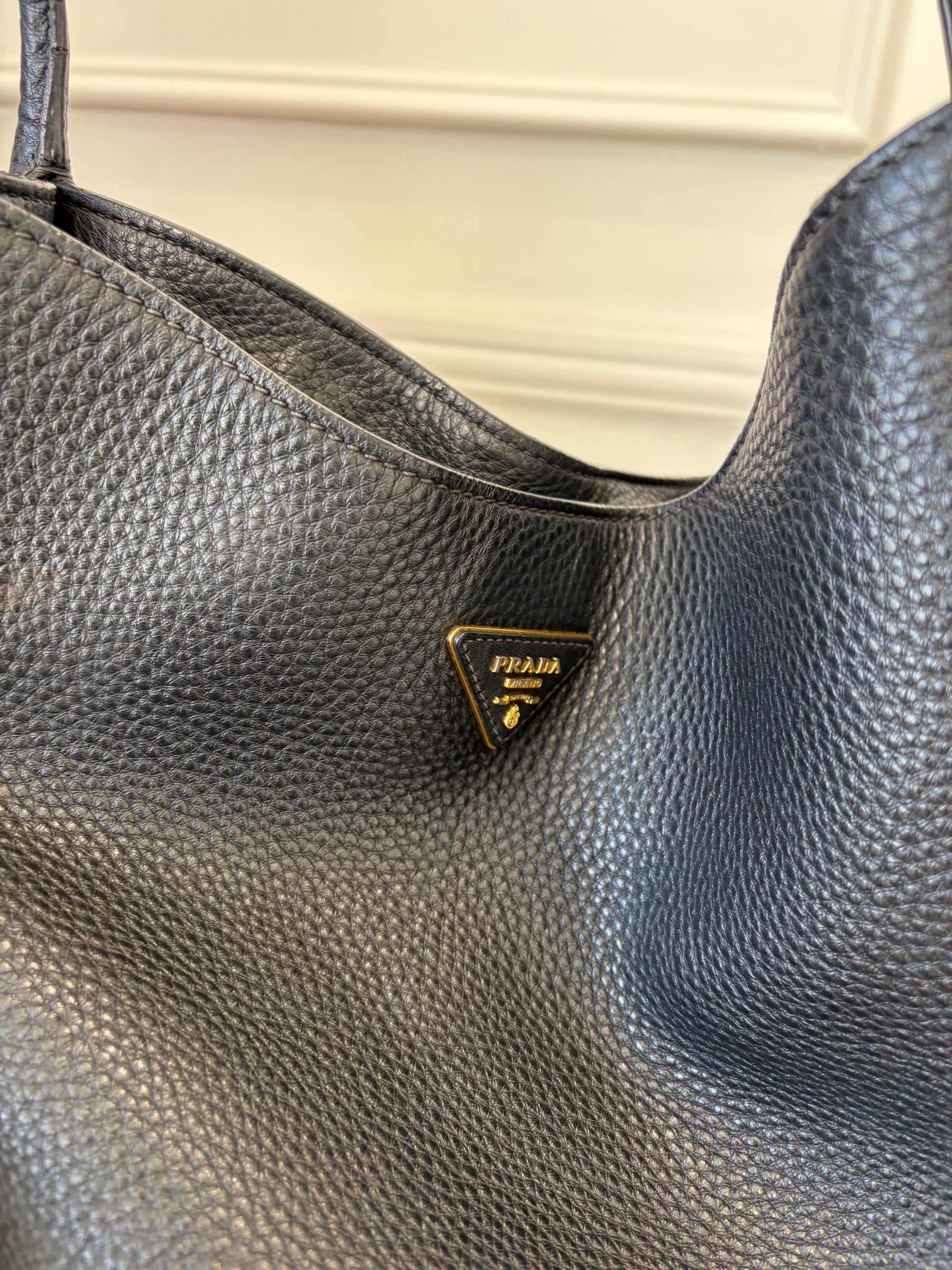 Prada Grained Leather Hobo Bag Black