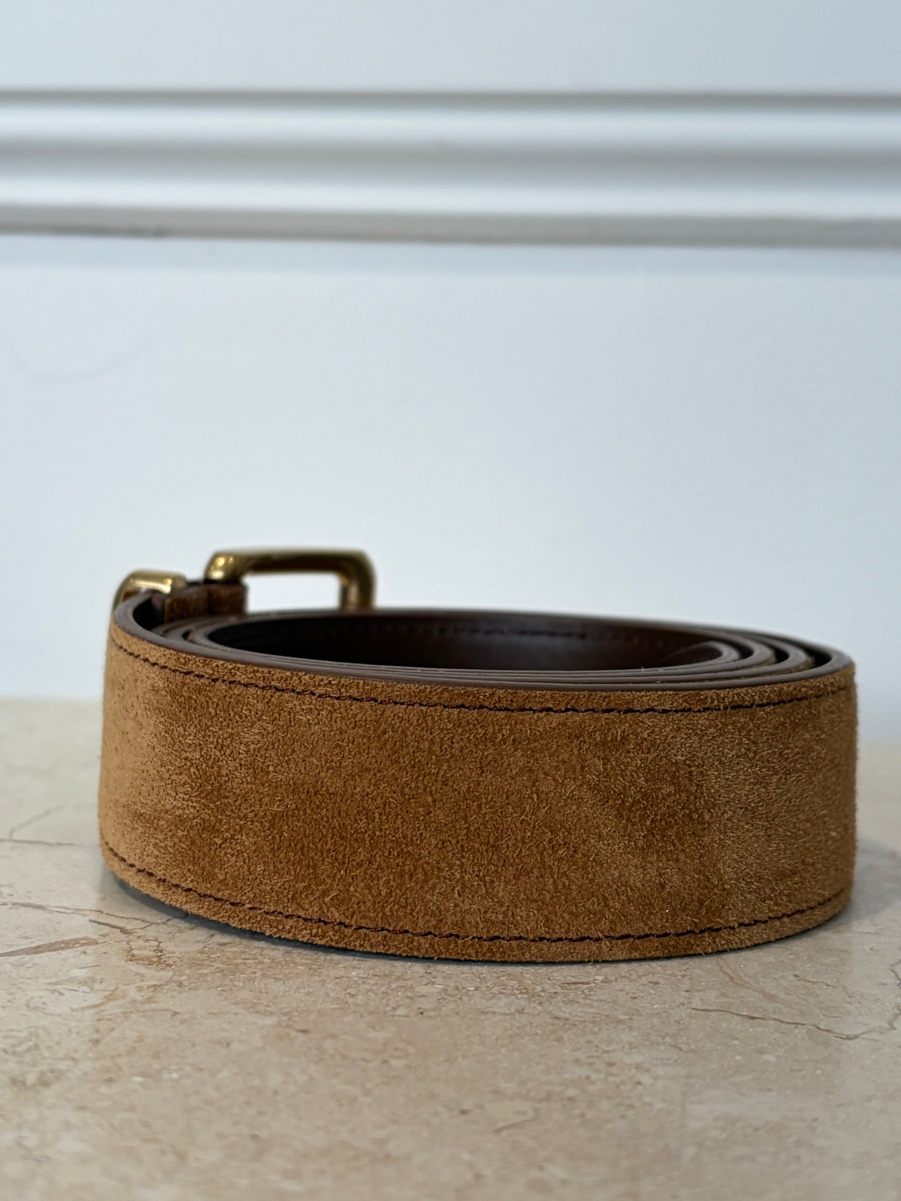 Miu Miu Camel Suede Belt Gold Buckle, 34/85