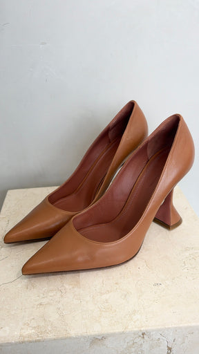 Amina Muaddi Camel Leather Pointed Pump, 39