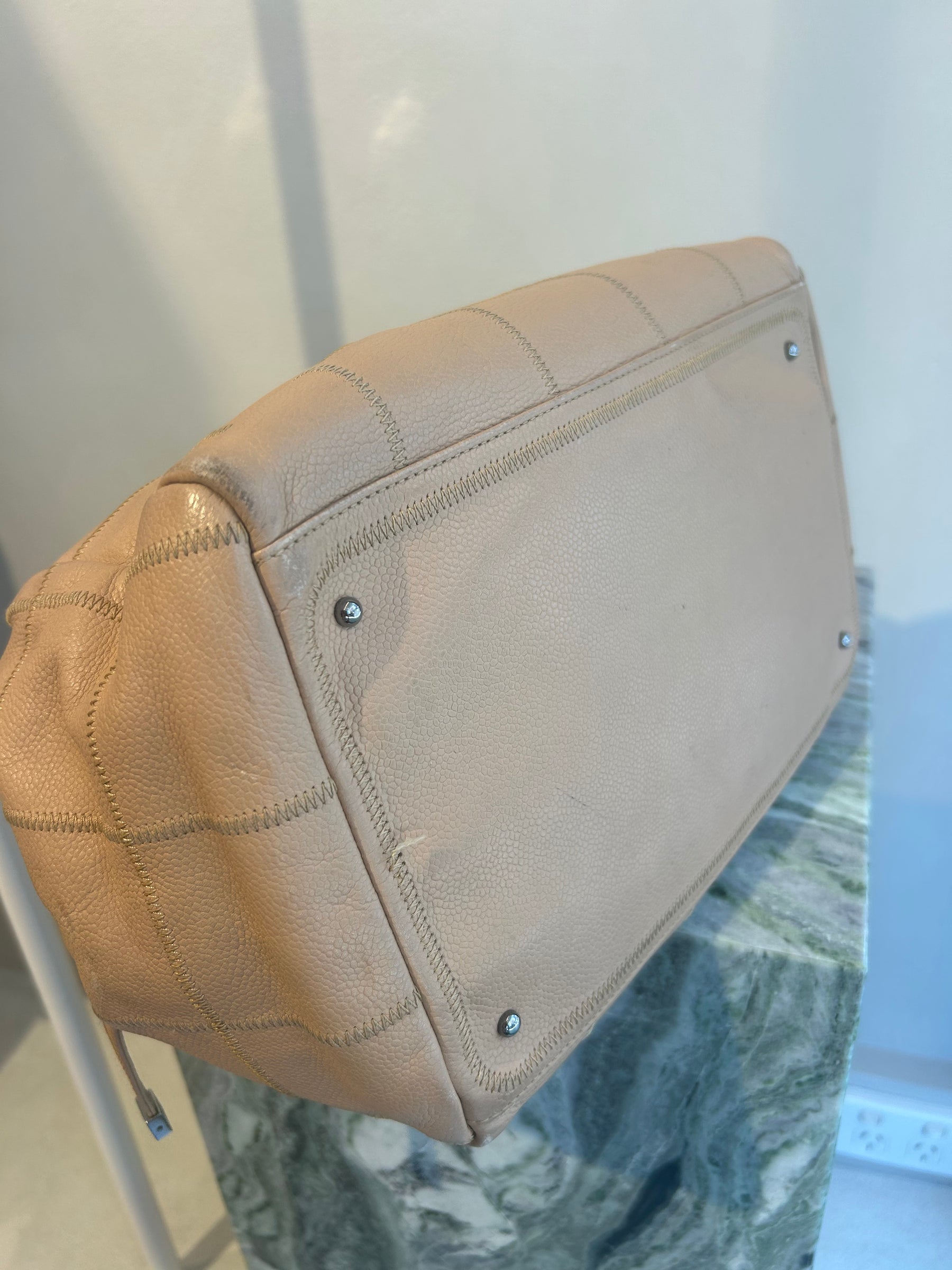 Chanel Beige Leather Logo Handle Bowling Bag