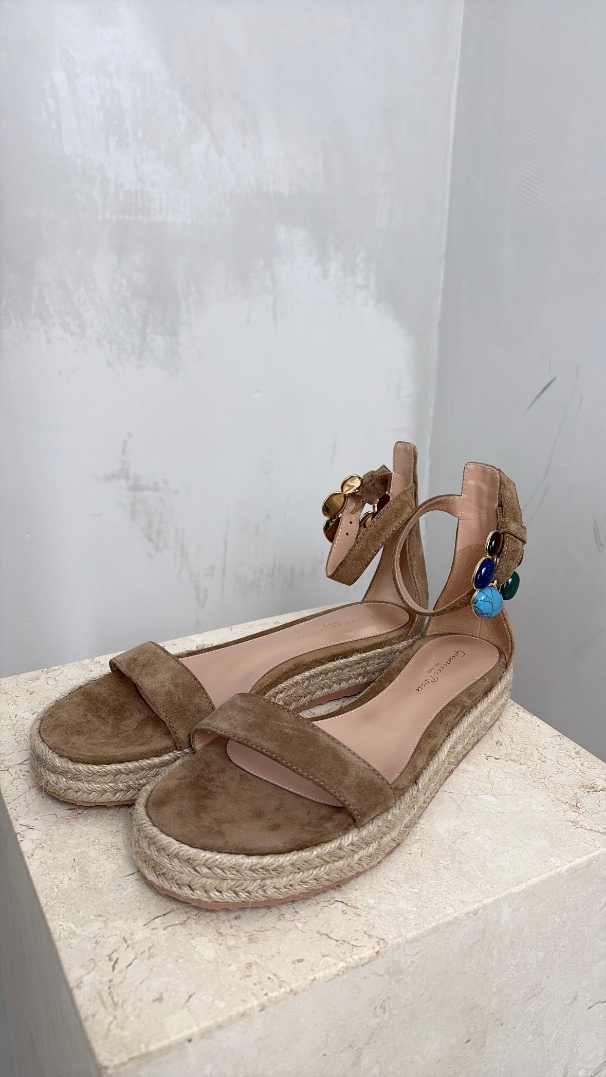 Gianvito Rossi Taupe Suede Espadrille Sandal with Gem Buckle, 38