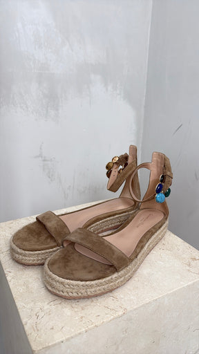 Gianvito Rossi Taupe Suede Espadrille Sandal with Gem Buckle, 38