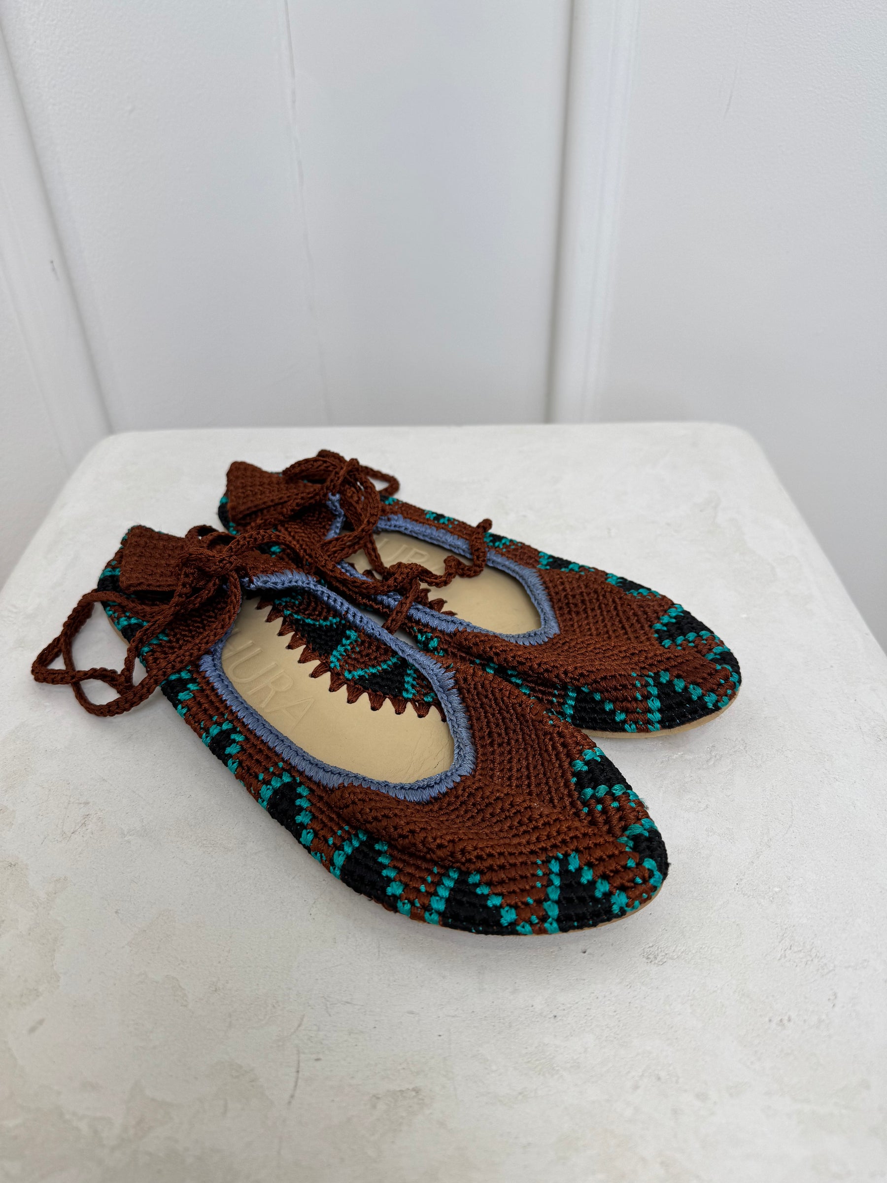 Kashura Brown Crochet Ankle Tie Flats, 9