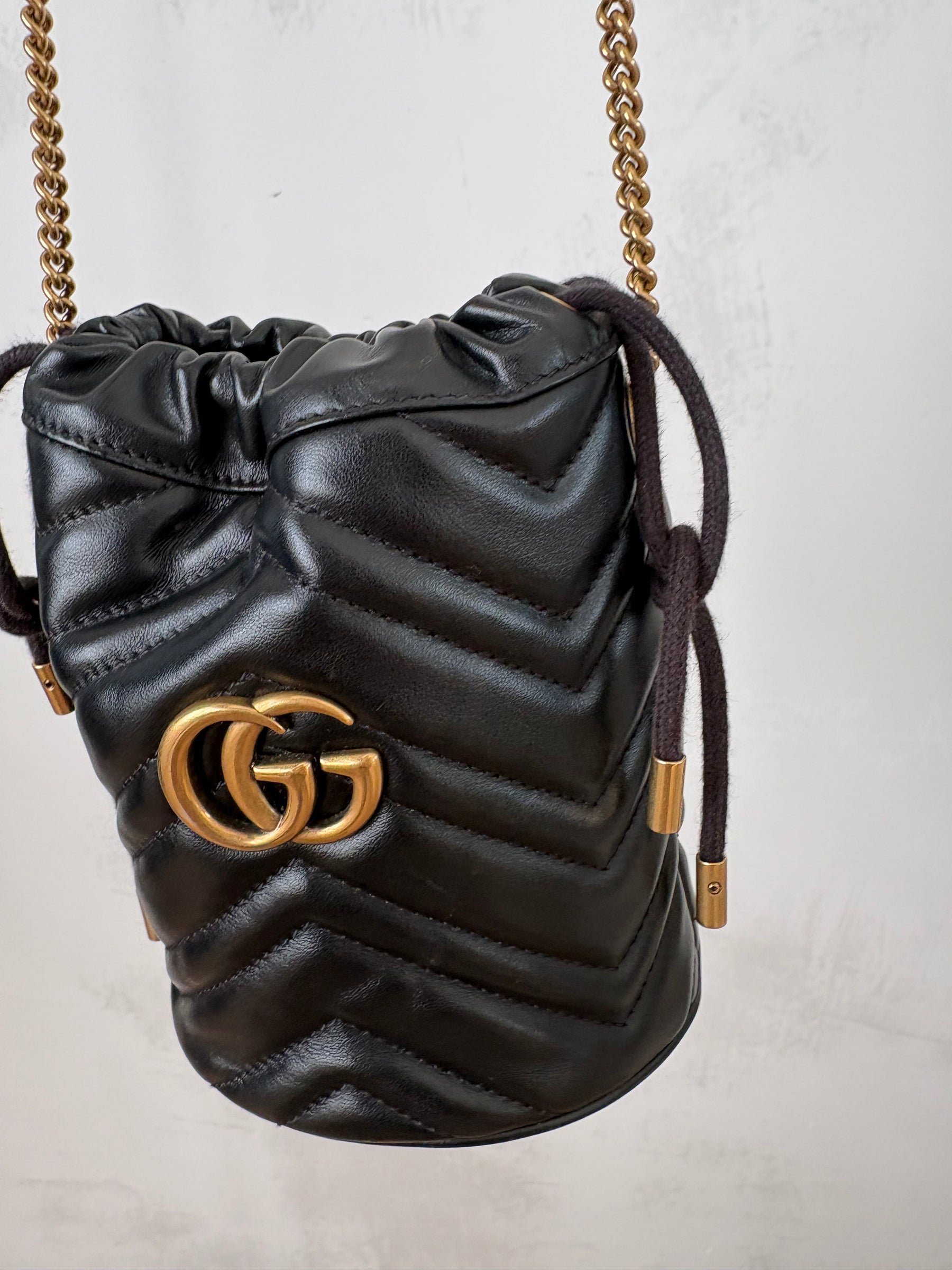 Gucci Black Chevron Leather Mini Marmont Bucket