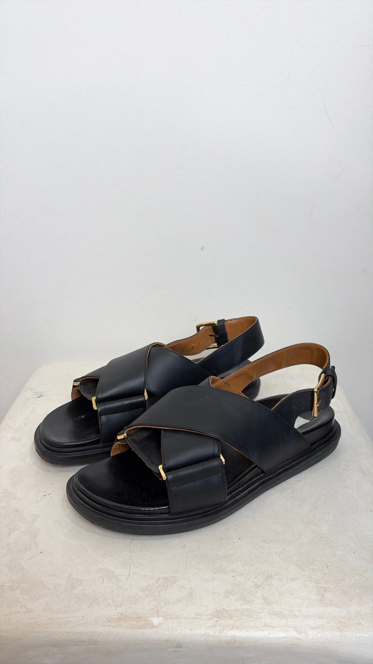 Marni Black Leather Fussbet Sandals, 38