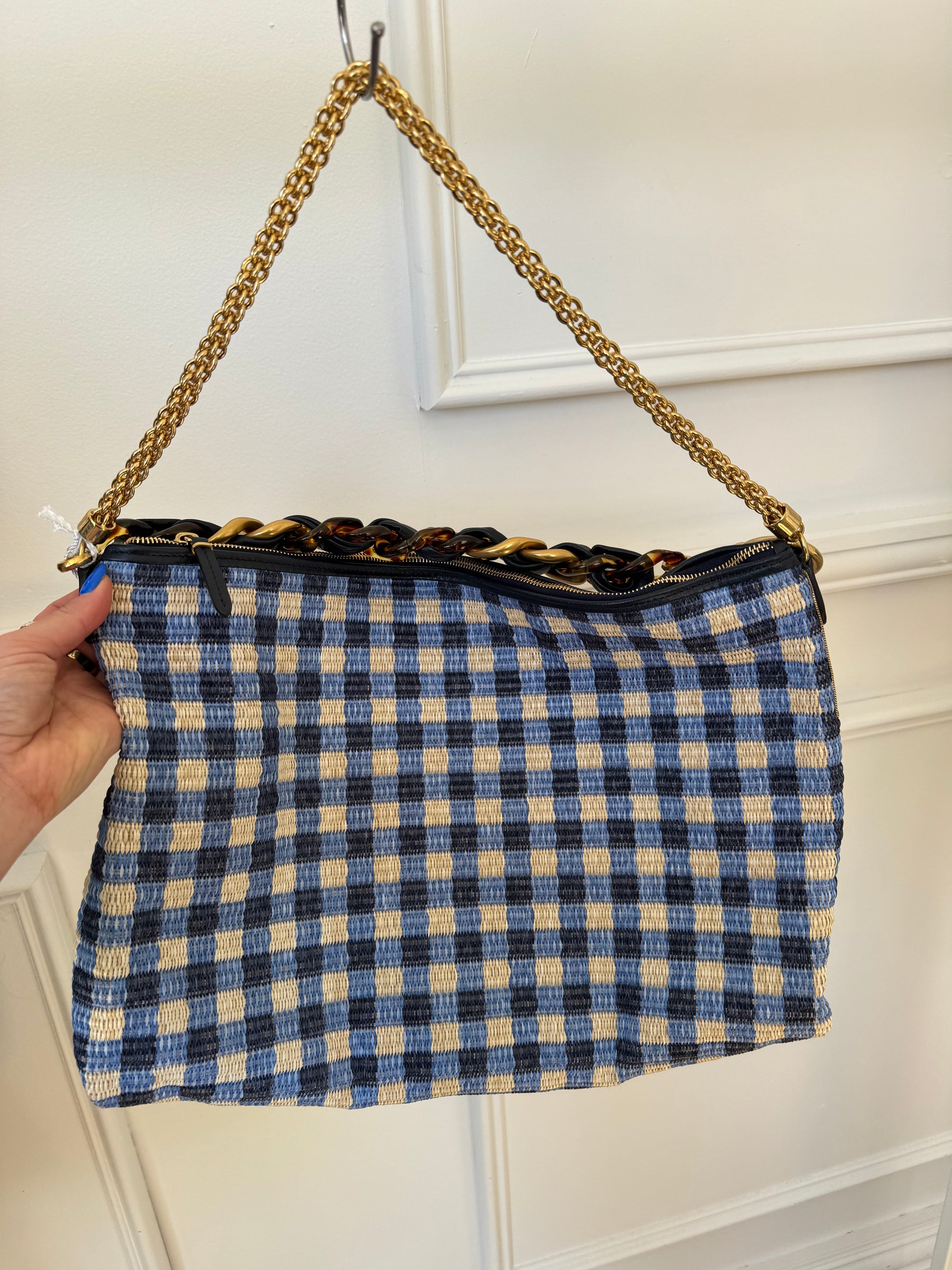 Jimmy Choo Blue Navy and Beige Checked Raffia Cali Maxi Bag