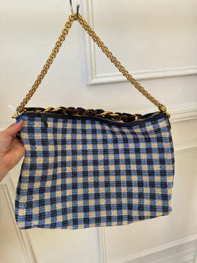 Jimmy Choo Blue Navy and Beige Checked Raffia Cali Maxi Bag