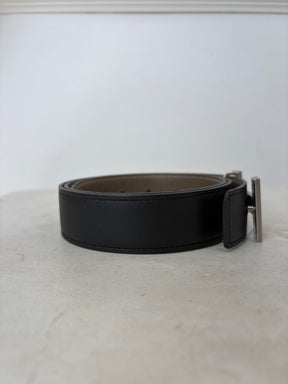 Hermès Black and Etoupe Leather Reversible H Belt, 85