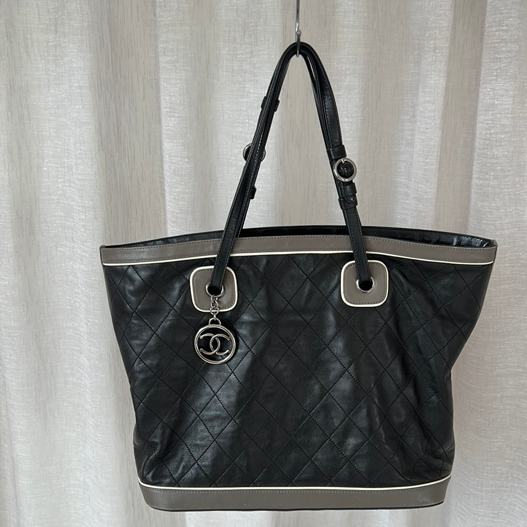Chanel Black Leather Tote with Grey Trim