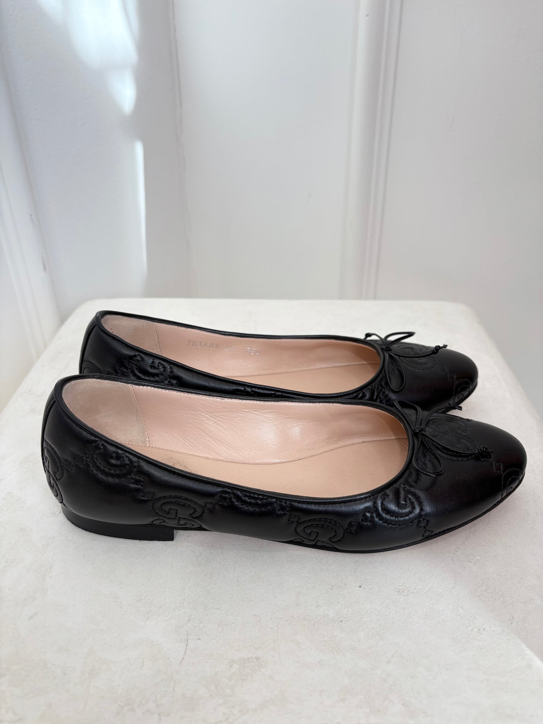 Gucci Black Leather Embossed Ballet Flats, 38