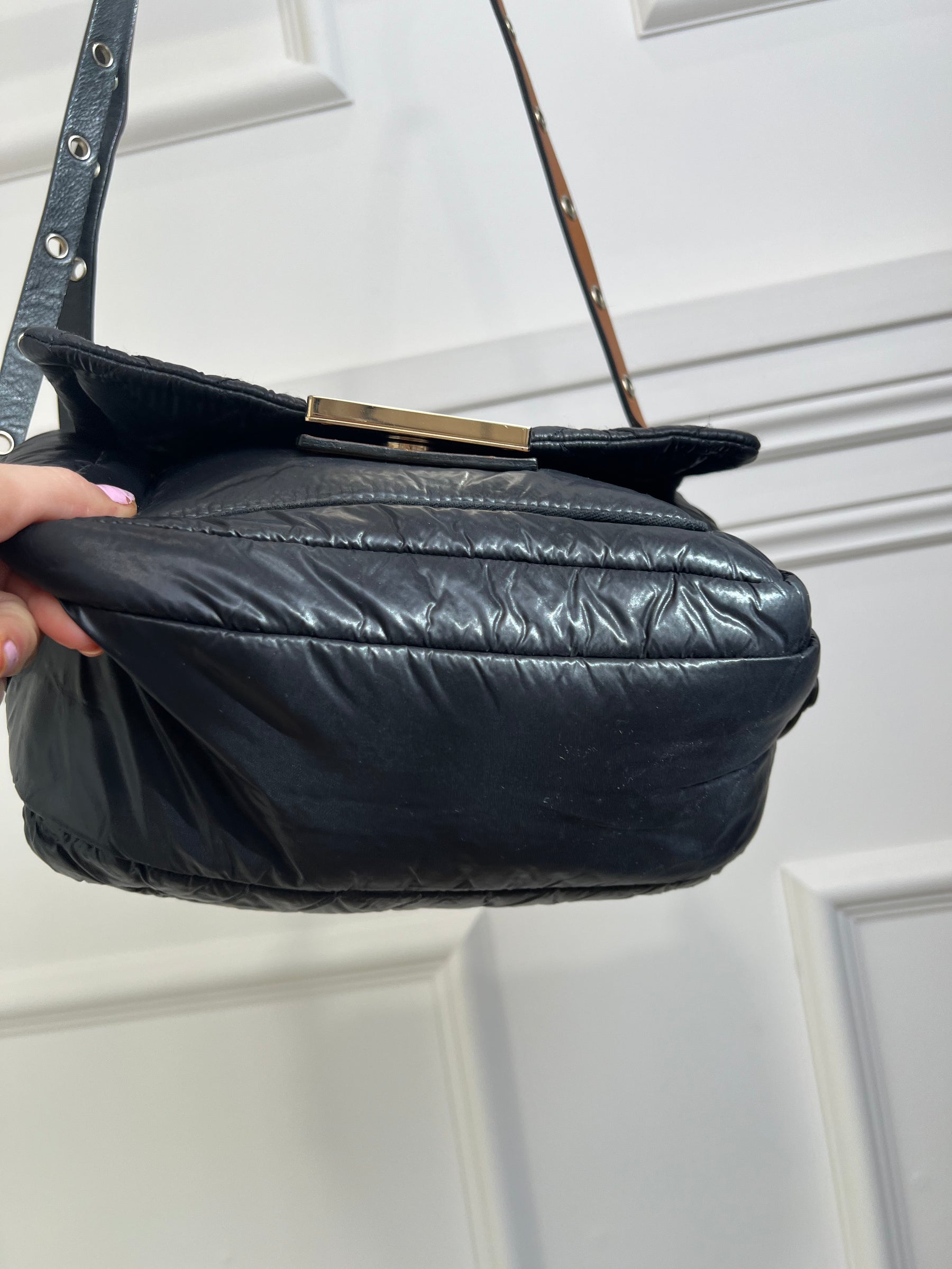 Sonia Rykiel Black Padded Tan Studded Strap Crossbody Bag