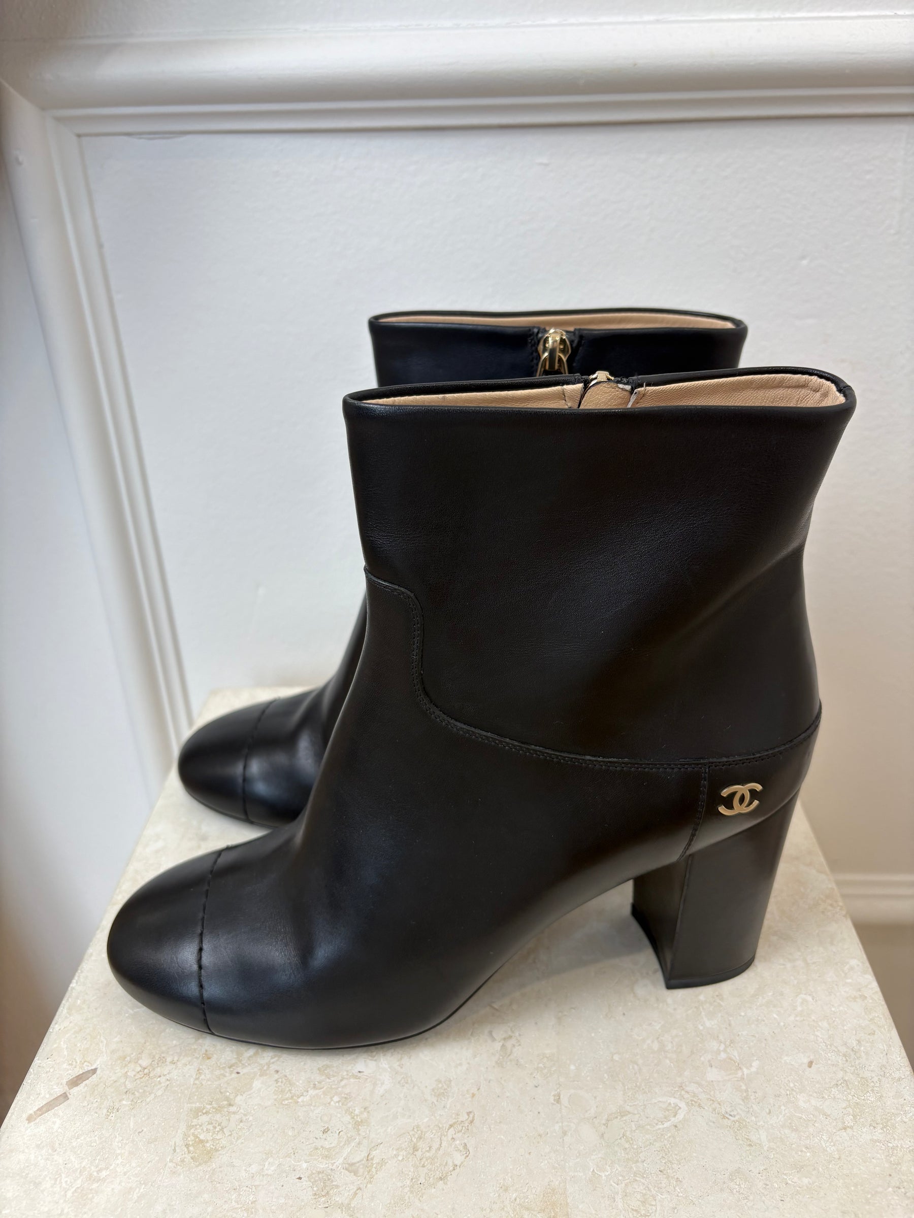 Chanel Black Leather Heeled Ankle Boots, 41 C