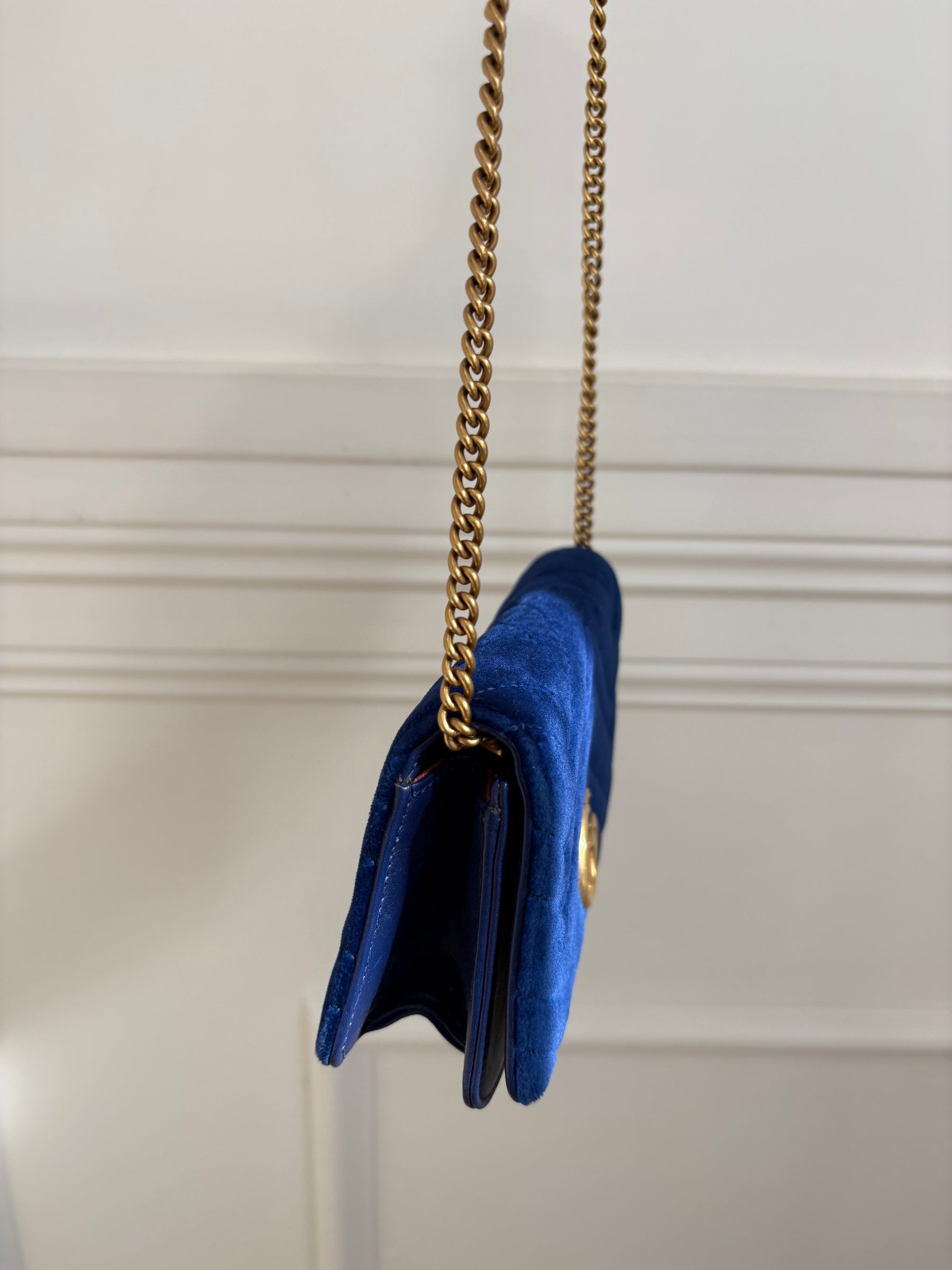 Gucci Blue Velvet Marmont Super Mini Chain Crossbody Bag