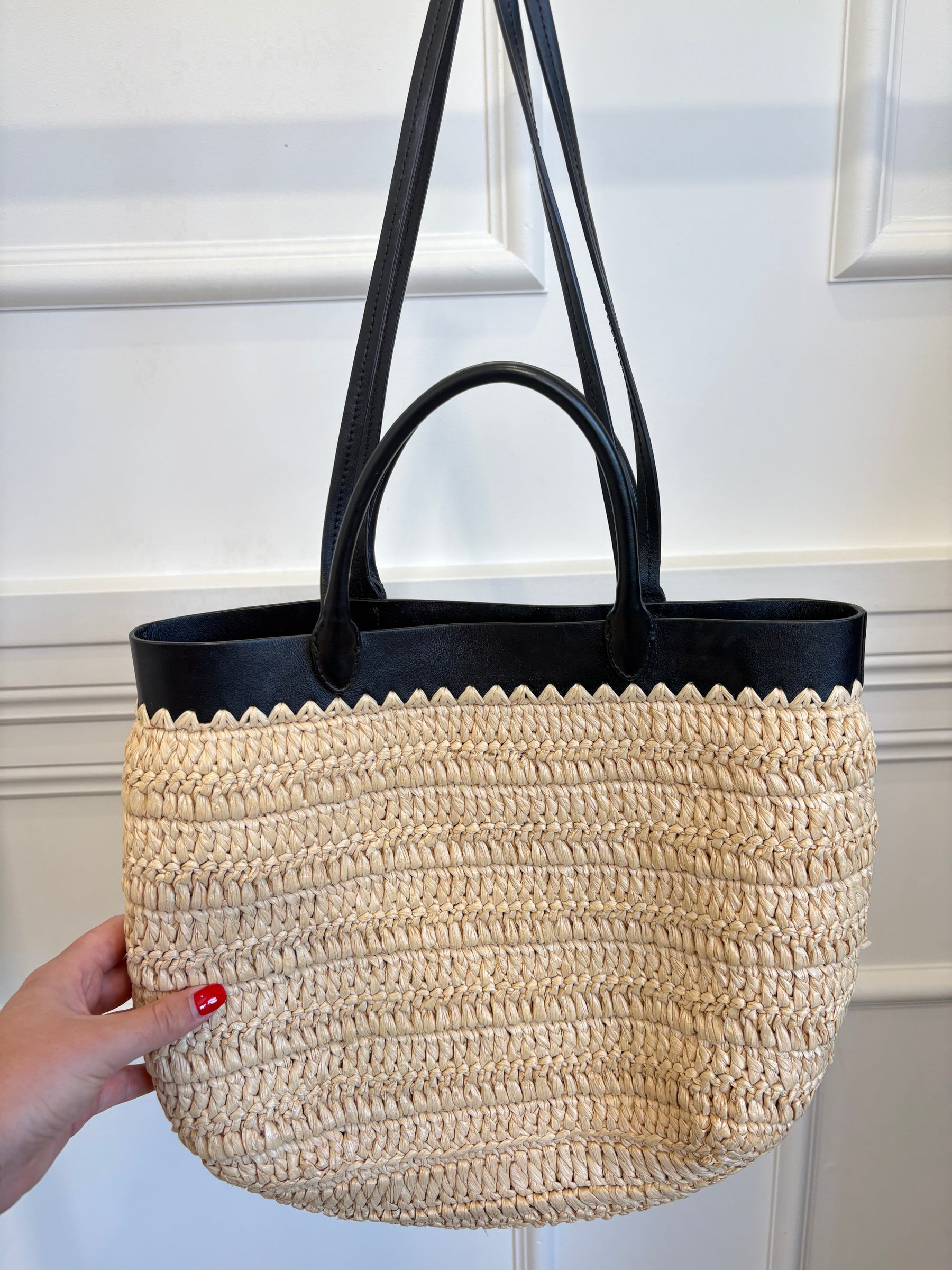 Prada Raffia Logo Tote with Black Leather Trim