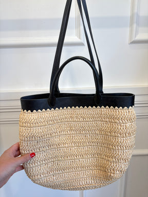 Prada Raffia Logo Tote with Black Leather Trim