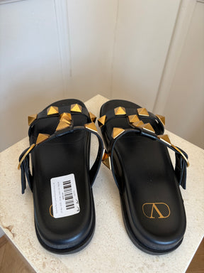Valentino Black Leather Roman Stud Slides, 39