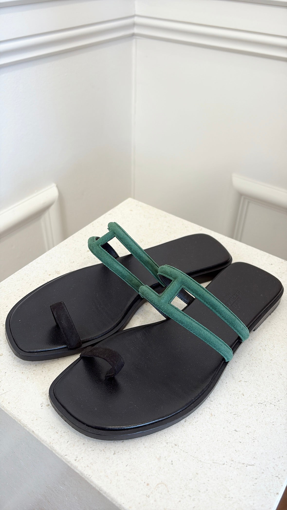 Hermès Black and Emerald Suede Slides, 36