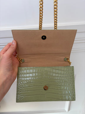 Alexander McQueen Sage Green Mock Croc Crossbody Chain Bag