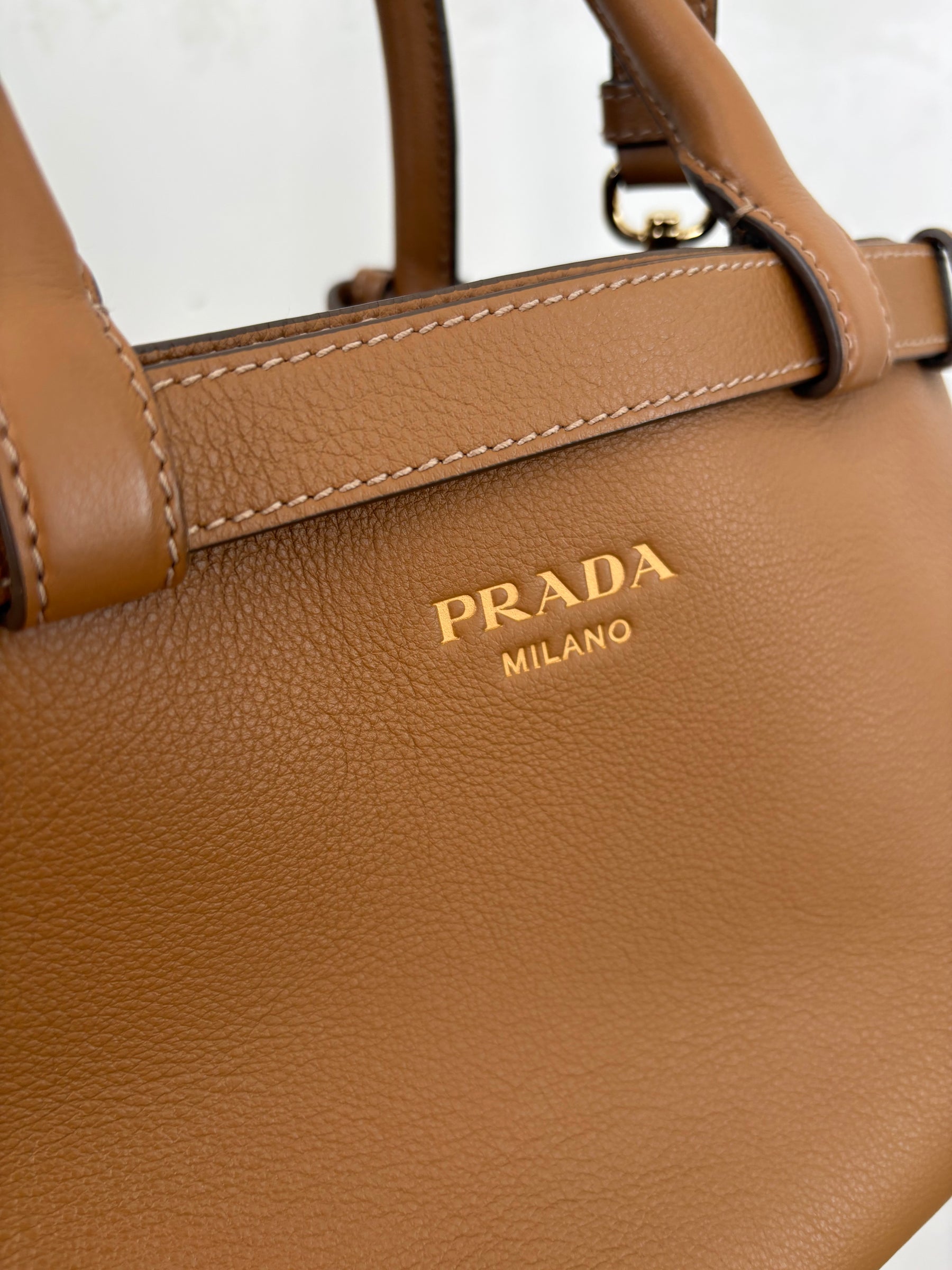 Prada Buckle Small Leather Handbag With Strap Caramel