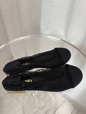 Chanel Black Net Ballet Flat with Gold Heel, 41