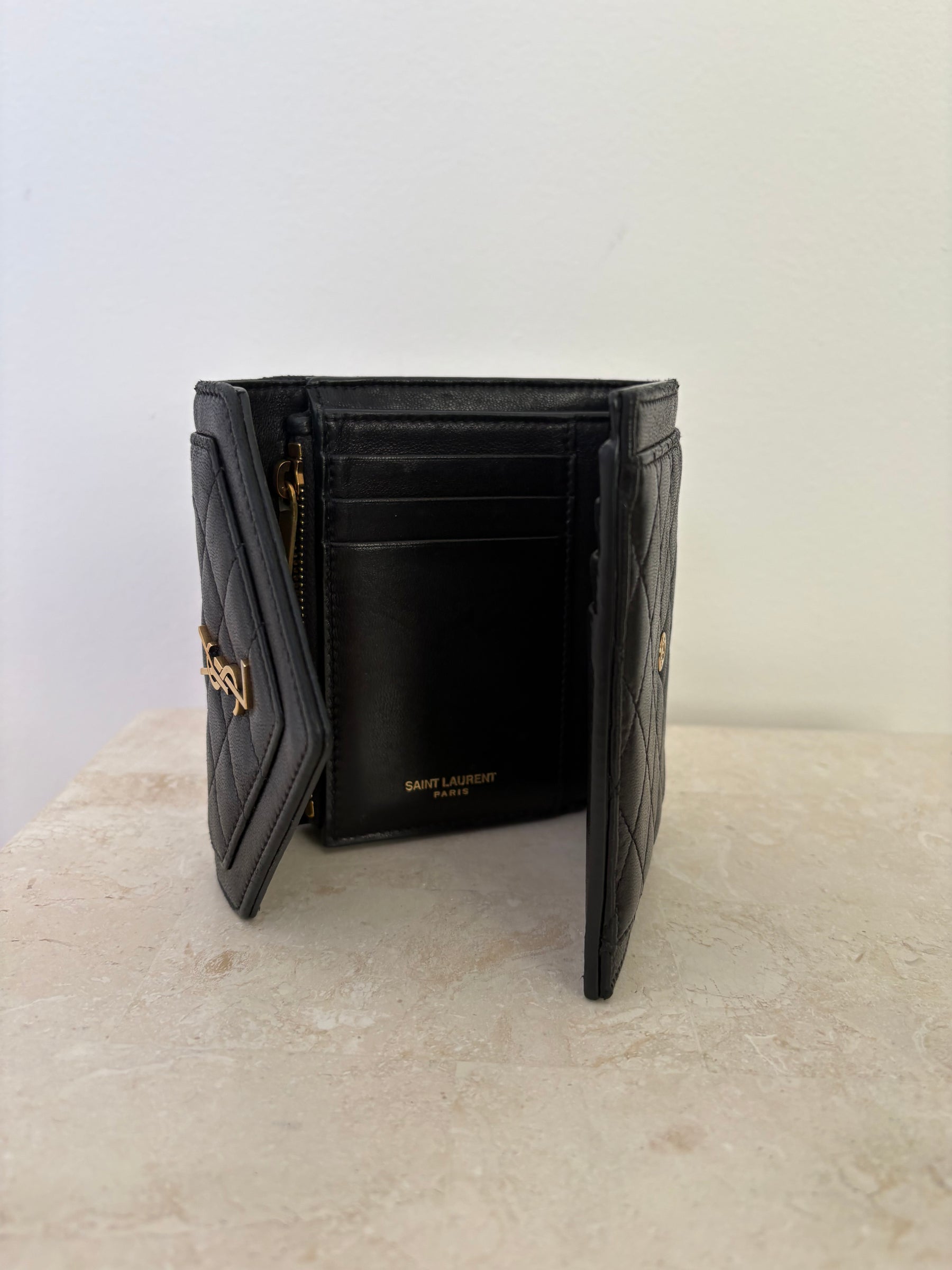 Saint Laurent Quilted Lambskin Tri Fold Wallet Black
