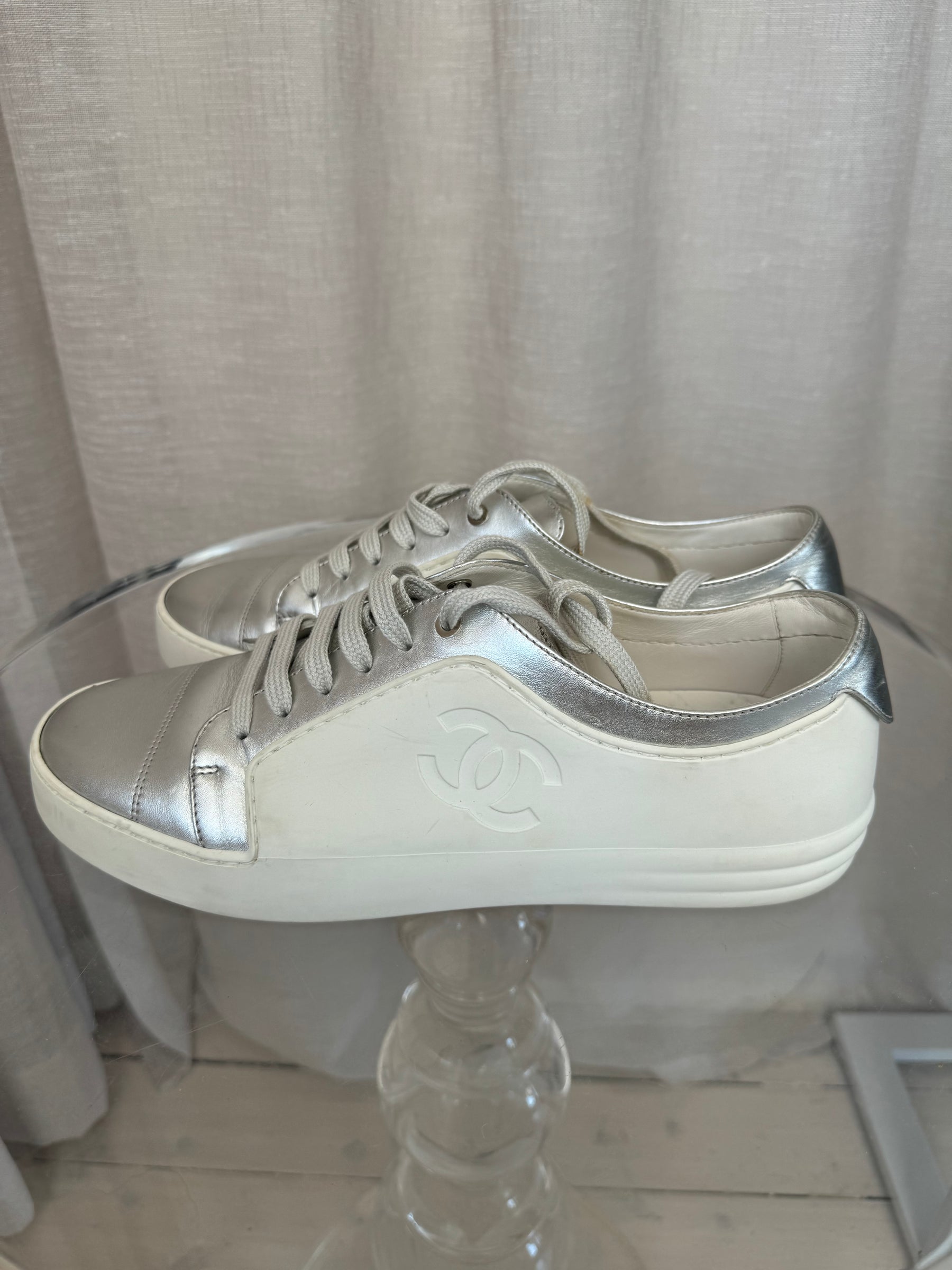 Chanel White Rubber and Silver Leather Sneakers, 40