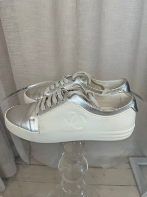 Chanel White Rubber and Silver Leather Sneakers, 40