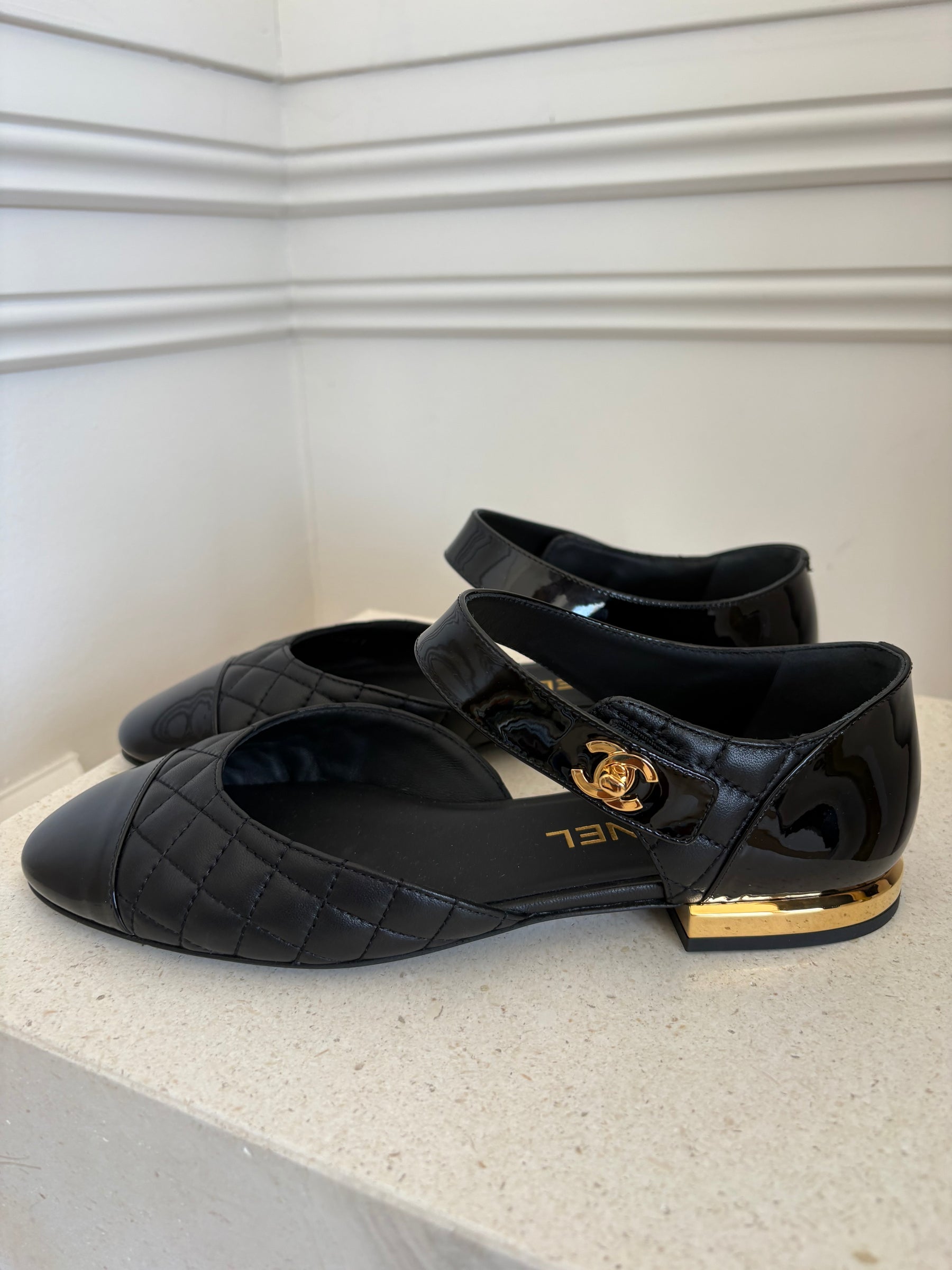 Chanel Black Quilted and Patent Leather Turn Lock Mary Janes, 38 C