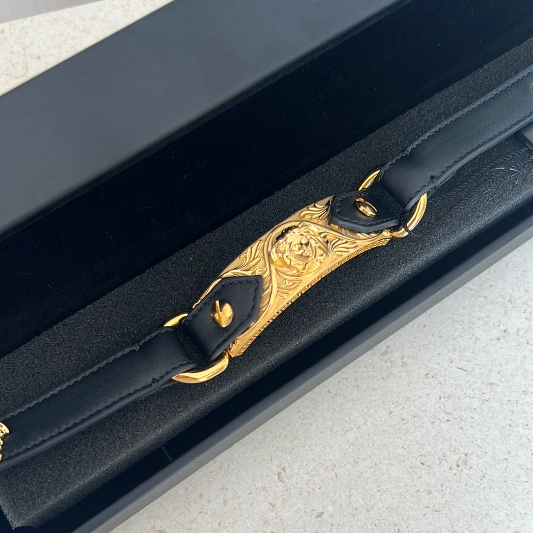 Versace Black Leather Bracelet with Gold Versace Head