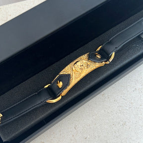 Versace Black Leather Bracelet with Gold Versace Head