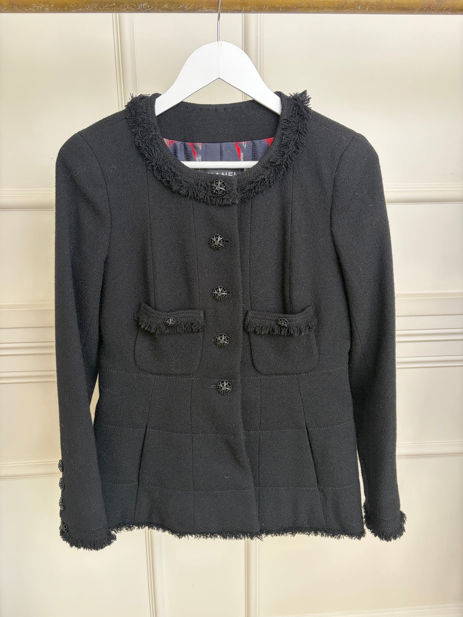 Chanel Black Wool Fringed Collarless Jacket, 38 FR