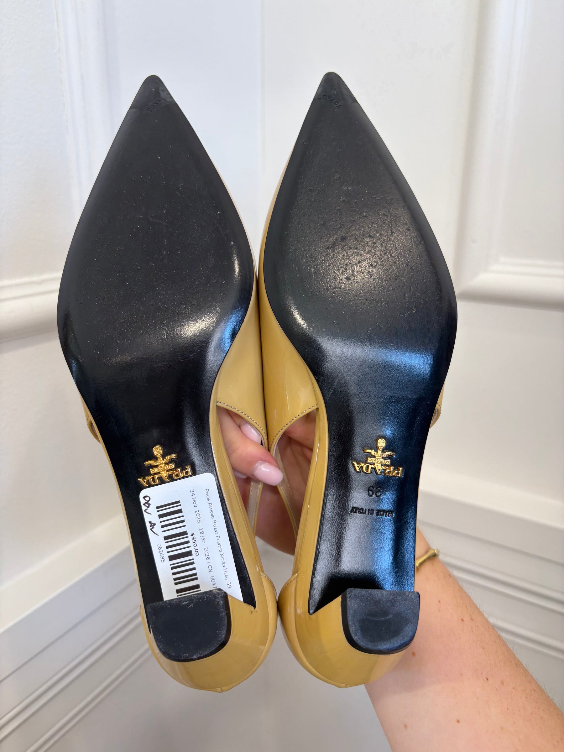 Prada Almond Patent Pointed Kitten Heel, 39
