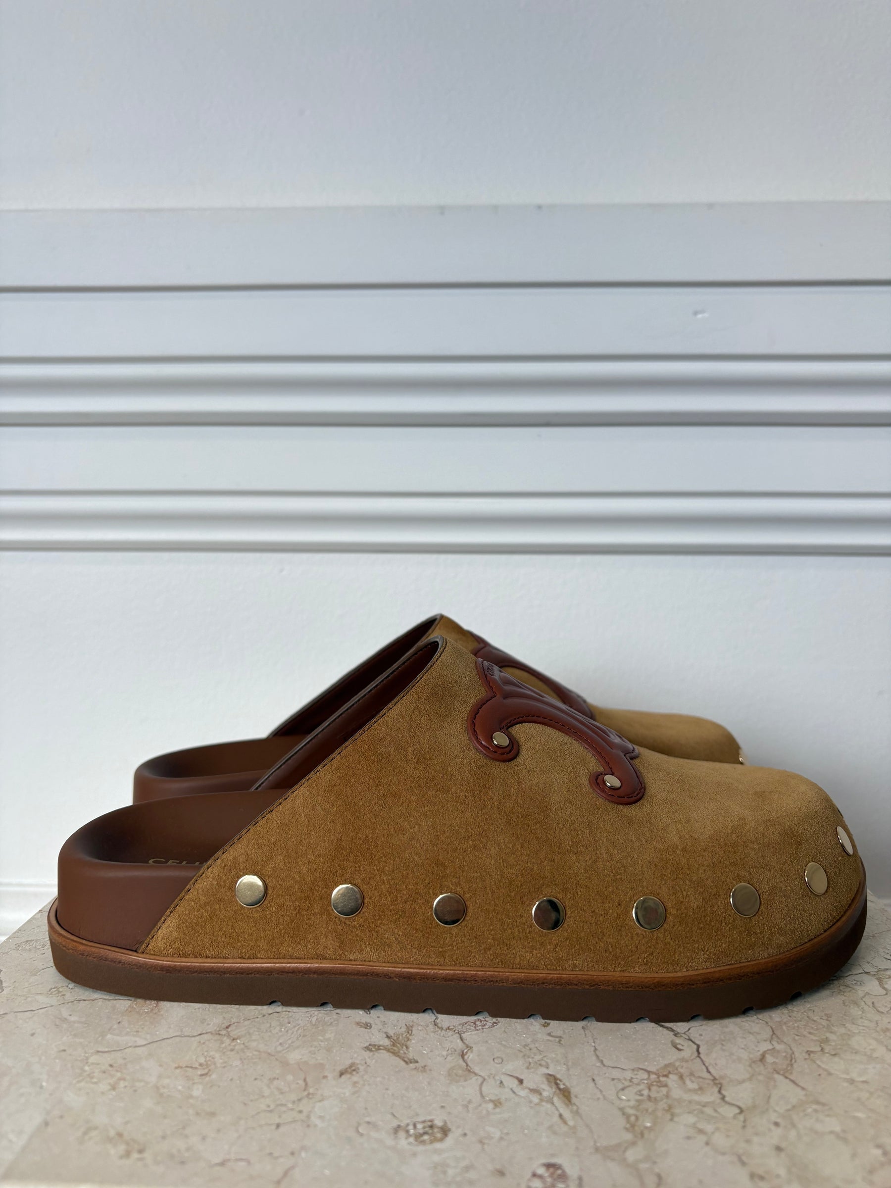 Celine Triomphe Suede Mules, 38
