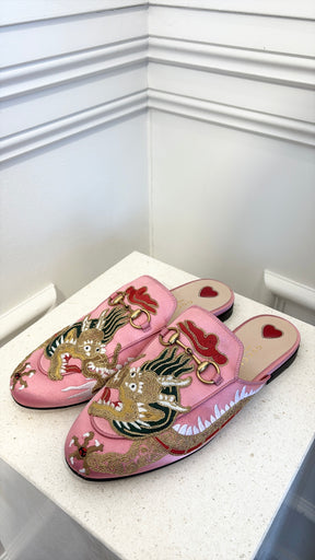 Gucci Pink Satin Dragon Embroidered Princeton Mules, 37.5